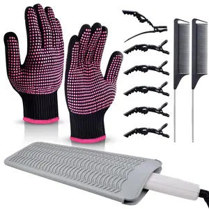 Heat Gloves for Hair Styling, 2Pcs Professional Heat Resistant Gloves Silicone Heat Mat 6pcs Hair Clips and 2pcs Styling Comb for Curling Iron Wands Flat Iron