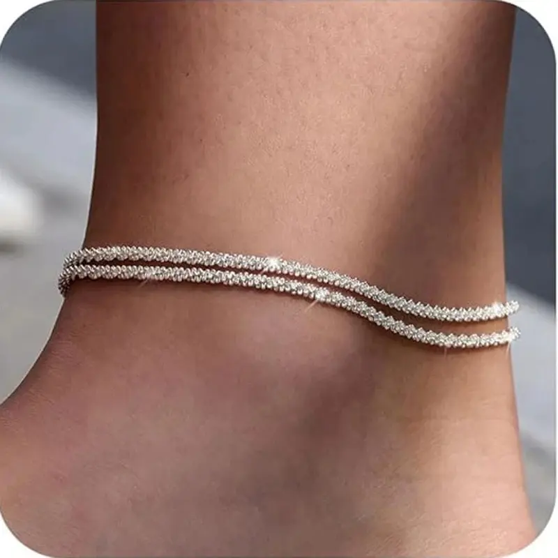 Women's Sterling Silver Multilayered Ankle Bracelet Set, Adjustable Stackable Cuban Link Anklets, Dainty Beachwear Jewelry