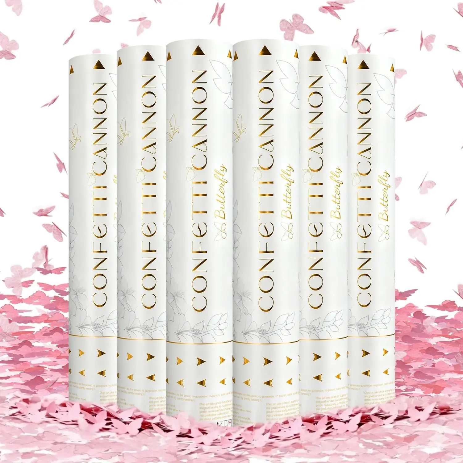 Confetti Cannon Butterfly Confetti Poppers 6 Pack Party Poppers 12 inch Pink Confetti Shooters Butterfly Sticks for Wedding Birthday Graduation Anniversary Bridal Shower Valentines Christmas New Year