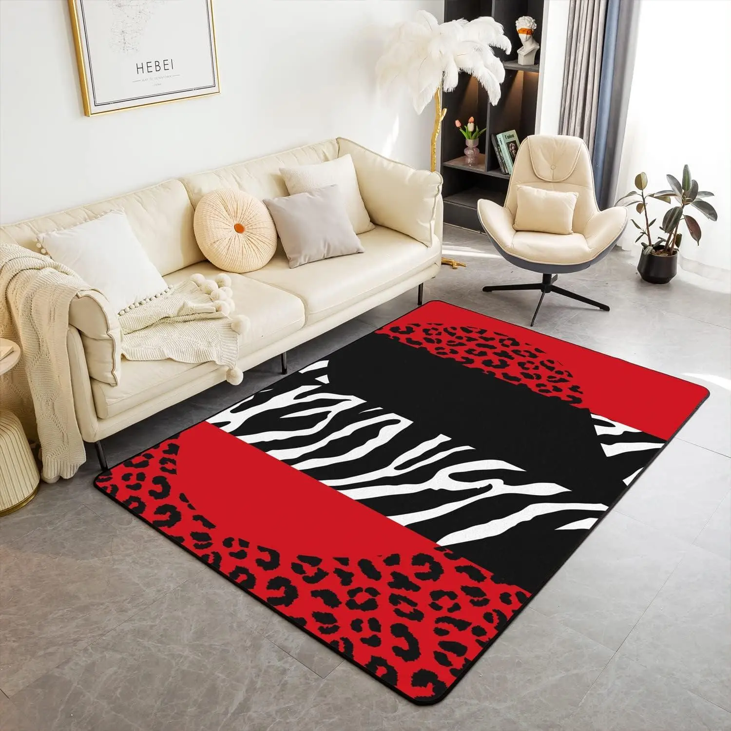 Leopard Print Area Rug Wild Animal Zebra Skin Print Decor Rug Women Adults Red Black Stripes Heart Rustic Style Non Slip Carpet Bedside Soda Decor