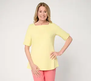 Denim & Co. Essentials True Cotton Elbow Sleeve Boat Neck Top