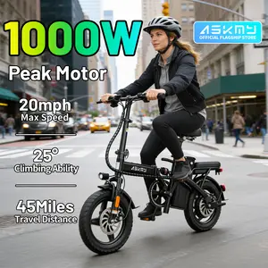ASKMY E14 Compact Folding Electric Bike, 1000W Powerful Motor, 45 Mile Long Range | 14" Tubeless Fat Tires, Dual Disc Braking System | UL Certified Battery, Lightweight Urban Commuter E-Bike