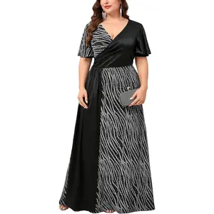 Plus Size Sparkly Formal Dress Satin Splice Glitter V-Neck Wrap Ruffle Sleeve A-line Maxi Dress Prom Evening Gowns