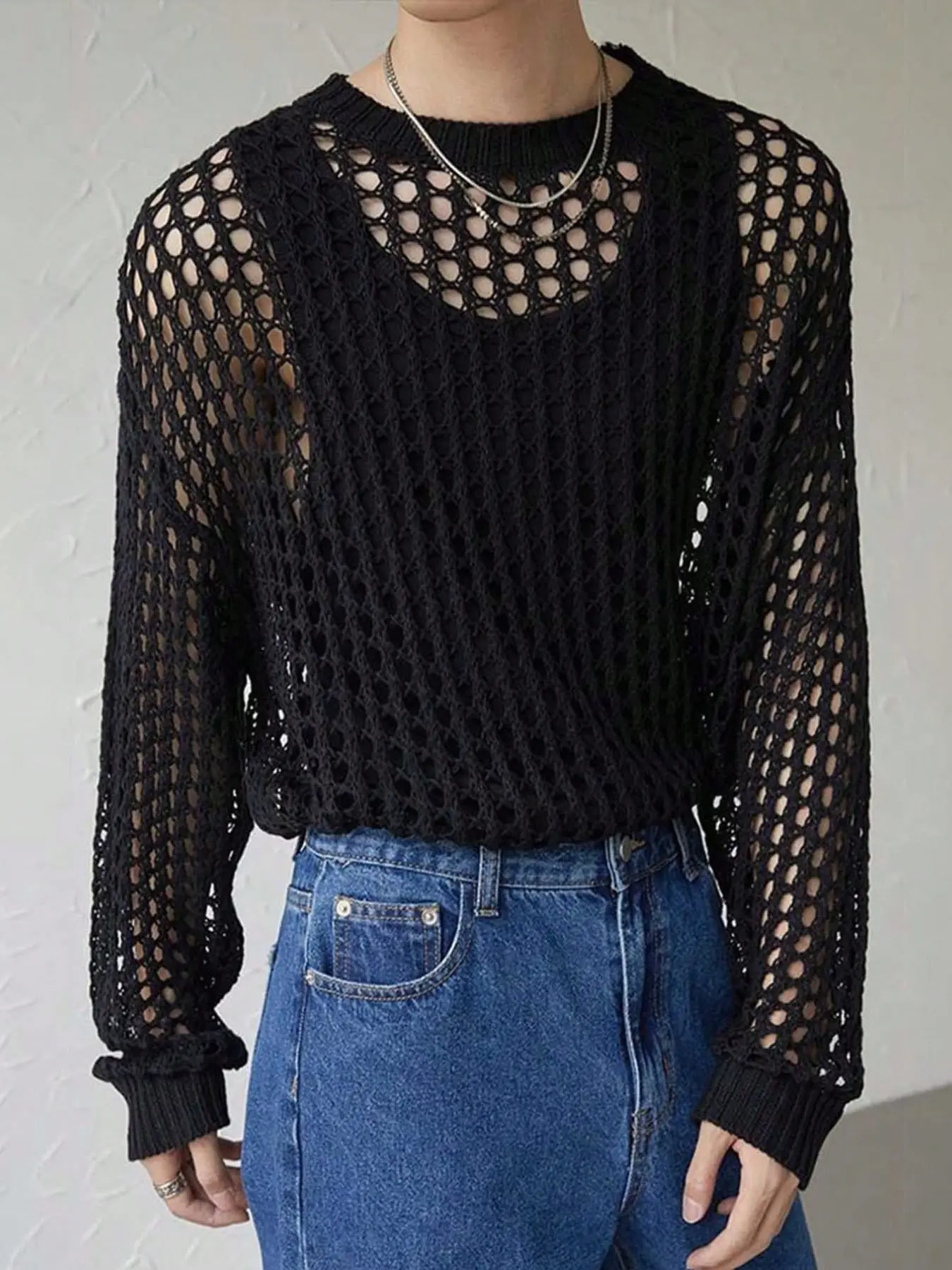 Spring Summer Fall Breathable Hollow Out Sweater, Casual Loose Fit Round Neck Long Sleeve Knit Pullover for Men and Women Knitwear Tops