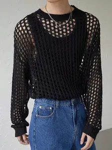Spring Summer Fall Breathable Hollow Out Sweater, Casual Loose Fit Round Neck Long Sleeve Knit Pullover for Men and Women