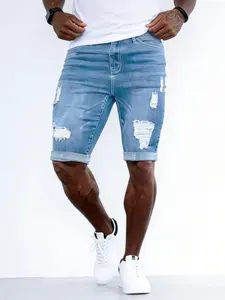 Men's Summer Denim Shorts, Pure Color Washed Ripped Slim Fit Knee-Length Roll-Up Jeans, Casual Fashion Streetwear Pants for Men