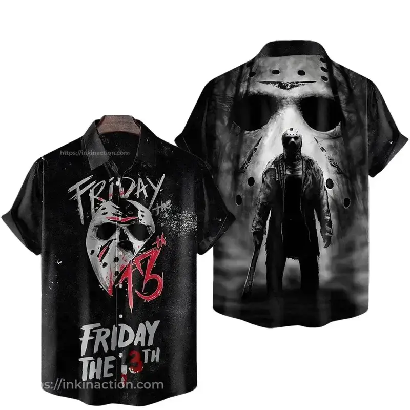 Friday The 13th Jason Voorhees Full Body Hawaiian Shirt Men Women Black Friday Horror Mask Machete Dark Fog Print Casual Loose Beach Aloha Cool Summer Fall Streetwear Fan Gift Men and Women, Horror Shirts