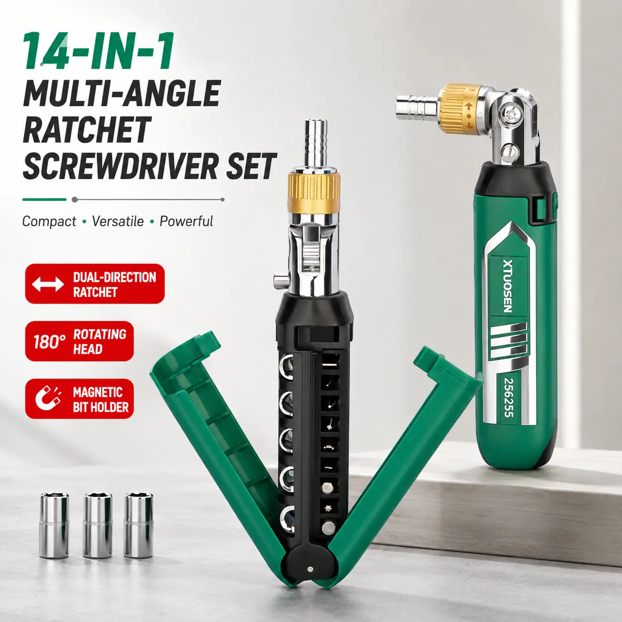 14-in-1 Multi-Angle Ratcheting Screwdriver Set, 180° Adjustable Head with Magnetic Bit Holder, Built-In Bits & Sockets, Compact Repair Tool for Home, Bike & Electronics