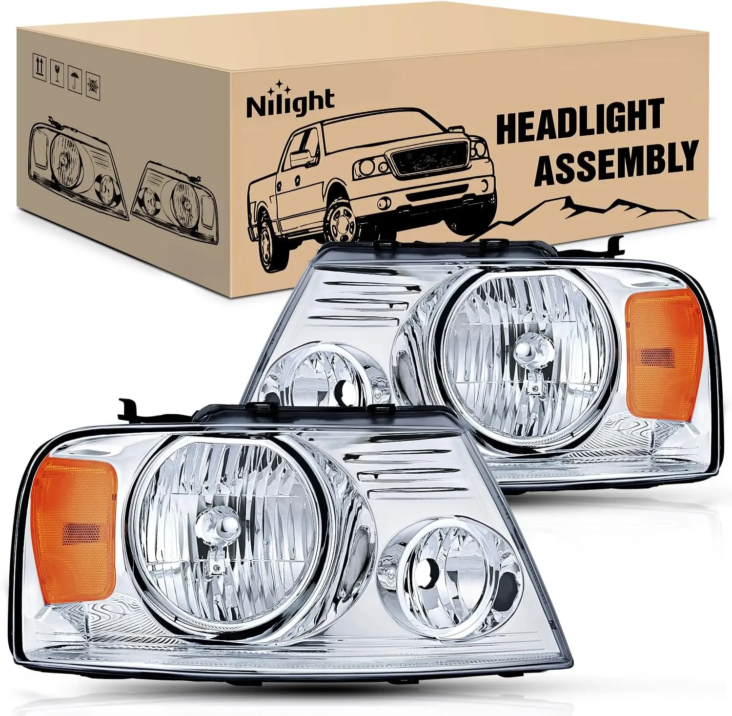 Nilight 2004 2005 2006 2007 2008 F150 Headlights, headlight assembly for 2006 Lincoln Mark LT Chrome Housing Amber Reflector,Headlight Assembly Replacement kit, Car Headlights, Headlight Vented