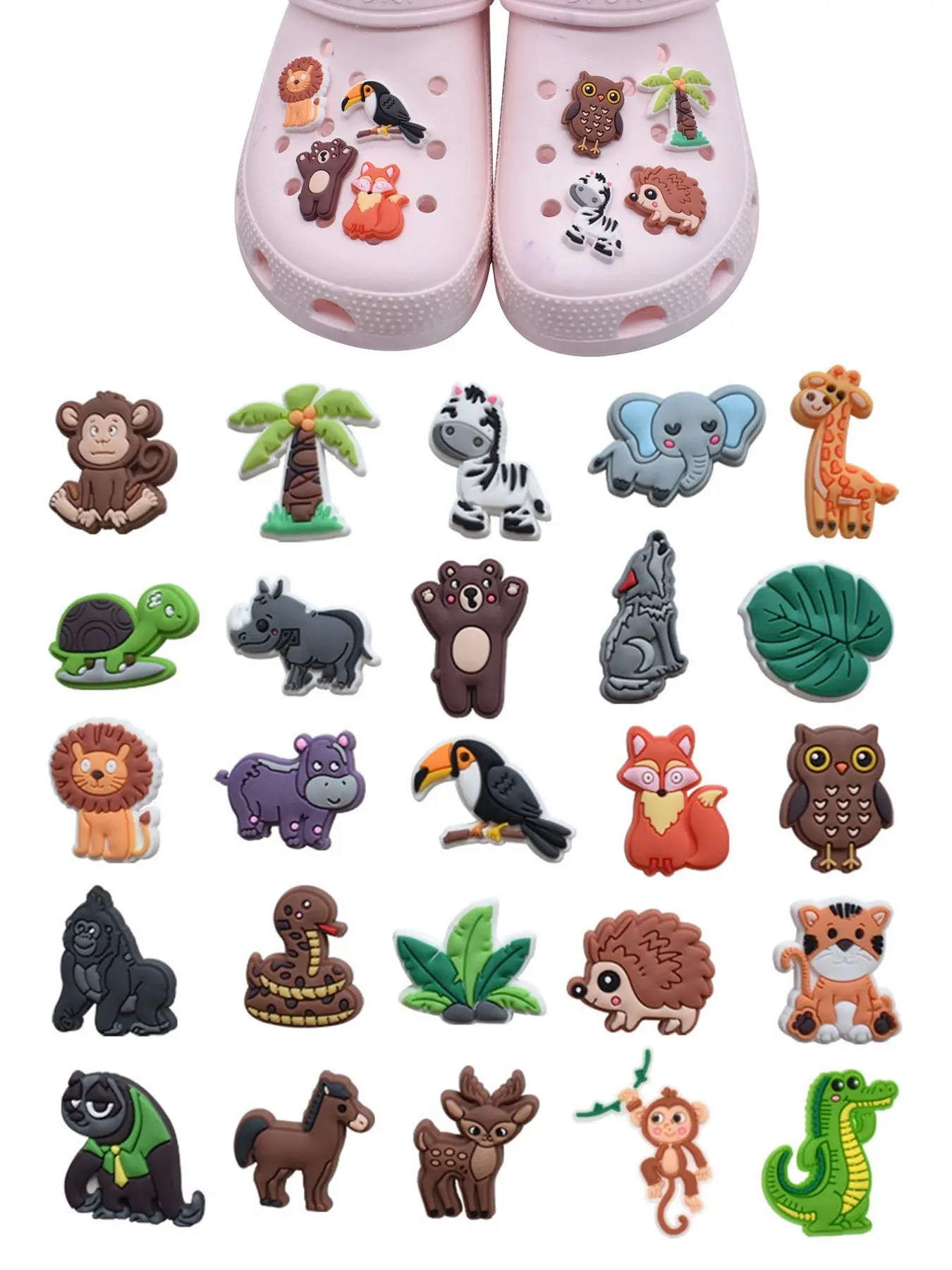 Kids' Cartoon Animal Cute Shoe Charms Set, Shoe Accessories, Shoe Decoration Charms, Owl Monkey Sloth Turtle Fox Crocodile Zebra Parrot Elephant Hedgehog Giraffe Designs, Cute Shoe Decorations