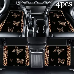 4pcs2D Flat Leopard Print Car Floor Mat, Full Coverage Design, All-weather Protection, Suitable for SUV Small Car Interior Floor Mat, 2D Flat