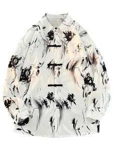 Men's Ink Painting Print Long Sleeve Collared Shirt, Button Design, Loose Fit, Casual Style, Suitable for Commuting and Streetwear, Asian Art