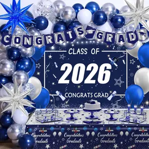 Graduation Decorations Class of 2026, 82PCS Navy Blue Graduation Party Decorations, 2026 Grad Decor with Class of 2026 Backdrop Banner Star Balloons Tablec