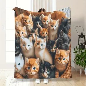 Cozy All-Season Flannel Throw Blanket with Cute Kitten Design - Soft, Warm & Comfortable for Sofa, Bed, Office - Perfect for Christmas, Thanksgiving, Halloween