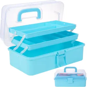 Craft Organizers Plastic Tool Box with Handle 3-Layer for Sewing Supplies, Medicine, Art Supplies, Nails and Hair Accessories 12.5inch (Blue)