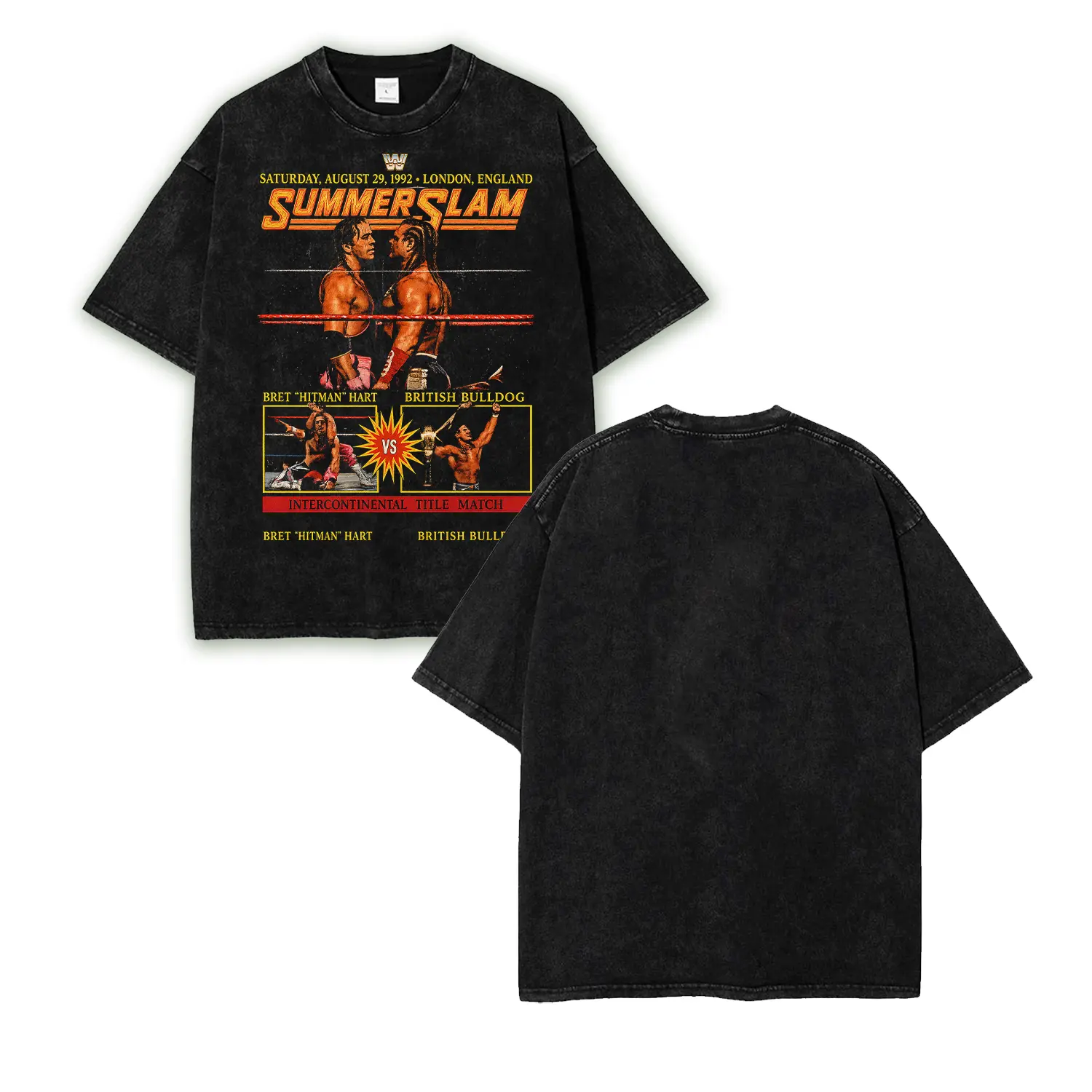 Bret "Hitman" Hart vs British Bulldog WWE SummerSlam 1992 Intercontinental Championship Ladder Match Vintage Washed T-Shirt, Legendary Rivalry, Classic WWE Icons, Historic London Showdown, Wrestling Graphic Tee for Fans