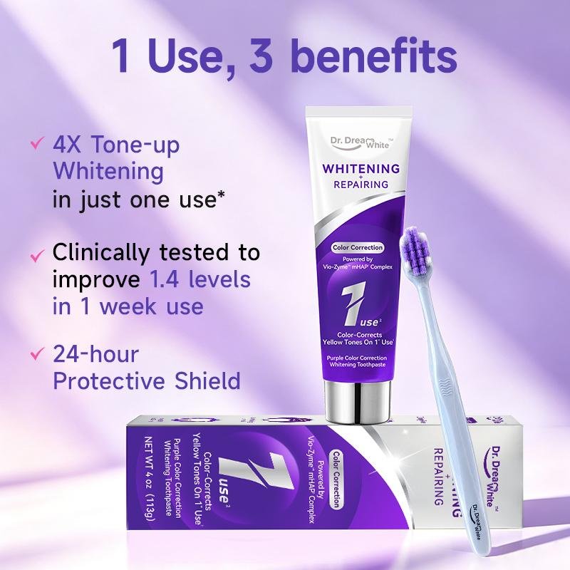 Dr.DreamWhite Purple Color Correction Whitening Toothpaste | Upgraded Vio-Zyme Formula with Xylitol & Nano-hydroxyapatite | Long-Lasting Freshness | Peroxide-Free | SLS-free | Anti-Stain