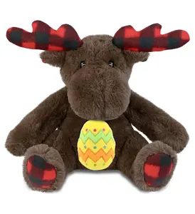 DOLLIBU Super Soft Polyester Plaid Brown Moose Stuffed Toy - 10 in, with Yellow Easter Egg, Personalized Gift for Toys & Hobbies Enthusiasts