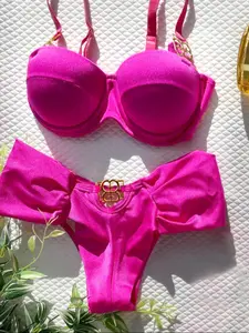 Two-Piece Set Women's Solid Color Bikini Set, Casual Fashion Chic Swim Bra & Swim Bottom Swimsuit Set, Ladies Swimwear for Beach Holiday Vacation Bikinis Sets