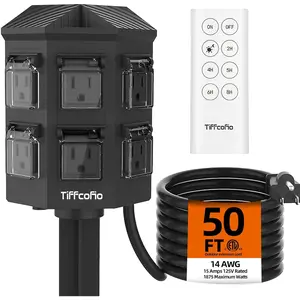 Outdoor Power Strip with 50 FT Extension Cord, 100FT Remote Control, Dusk to Dawn Light Timer Waterproof, 6 Grounded Outlets for Yard, Pool and Garden, ETL Listed (50 FT)