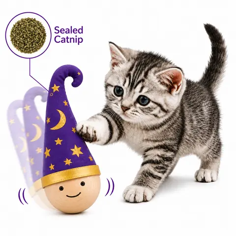 Larleaf Interactive Cat Toy - Solid Wood Wobble Tumbler with Sealed Catnip & Matatabi, Cartoon Face, Cute Hat Shape Invites Snuggling, Universal Fit Kitten Comfort Toy for Play & Cuddle, Interactive Toy
