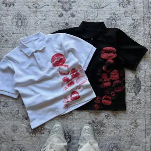 Korean-style street minimalist unique top, POLO collar short sleeve with lip print cartoon pattern, casual straight-fit outfit top