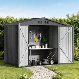 COMHOMA Shed Storage Outdoor Metal Windowed Lockable Garden Toolhouse Weatherproof Ventilated Backyard Utility Workshop(Grey,6'x4')