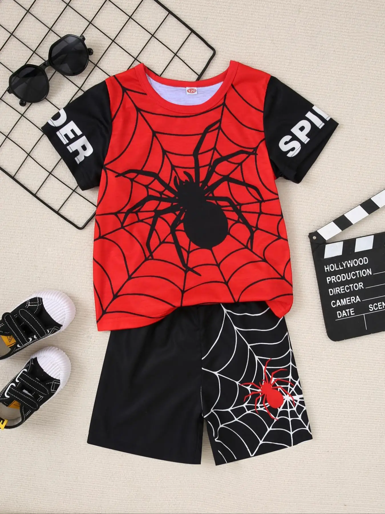 Two-piece Set Spider Print Short Sleeve Tee & Shorts Set, Casual Round Neck T-shirt & Shorts, Summer Outfits Clothes for Kids, Children