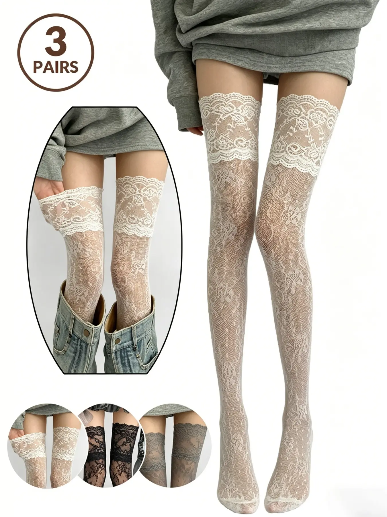 3 Pairs Women's Sexy Lace Stockings, Floral Mesh Thigh High Socks, Breathable Thin Lightweight Long Calf Socks, Fashionable and Comfortable Sheer Fashion Socks, Sock Set