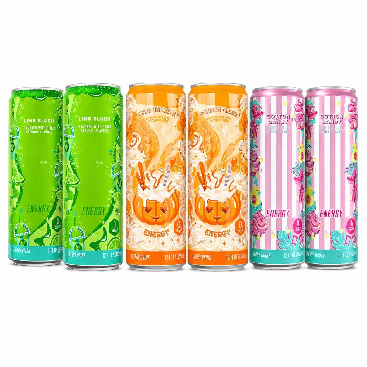 Sugar-Free Low-Calorie Energy Drink Variety Pack - Lime Slush, Cotton Candy, Pumpkin Cream Flavors - 12 fl oz Caffeinated Energy Boost Beverages (Pack of 6)