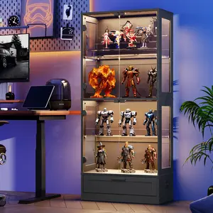 Glass Figure Display Cabinet with Adjustable 3-Color LED, Auto-On Sensor, 4 Tempered Glass & 3 Acrylic Shelves, Built-in Storage Drawer for Collectibles Showcase, Black