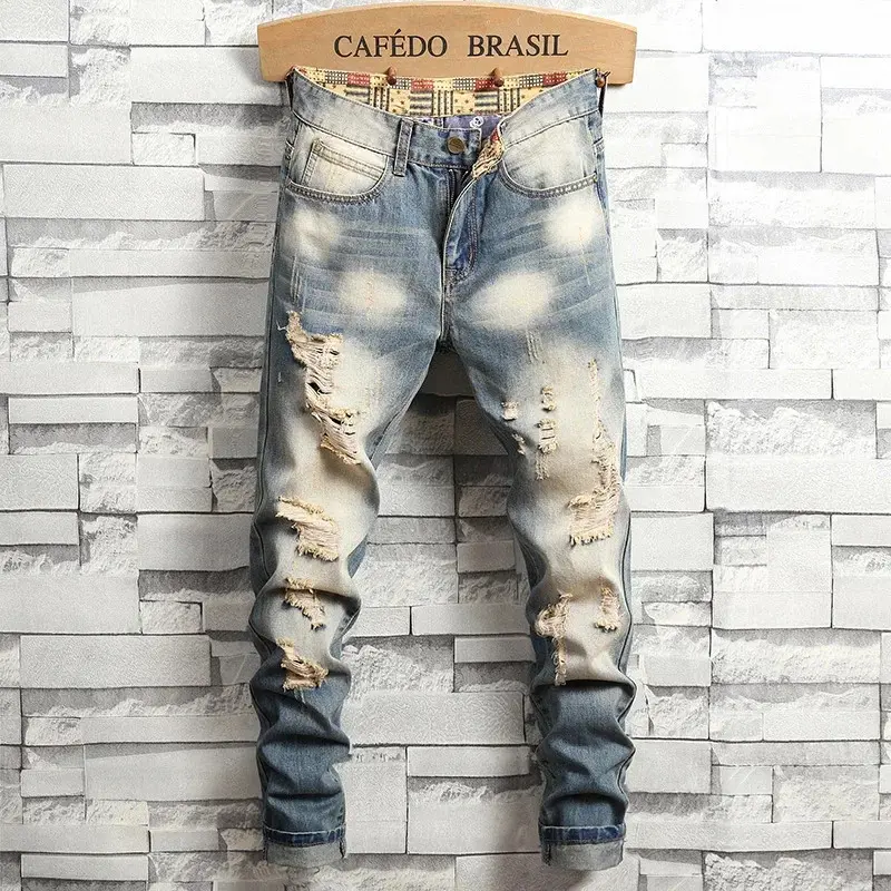 Men's 90s Grunge Ripped Jeans, Retro Slim-Fit Stretch Denim Motorcycle Pants for Casual Streetwear, Menswear, 90S Look, Denim Fabric