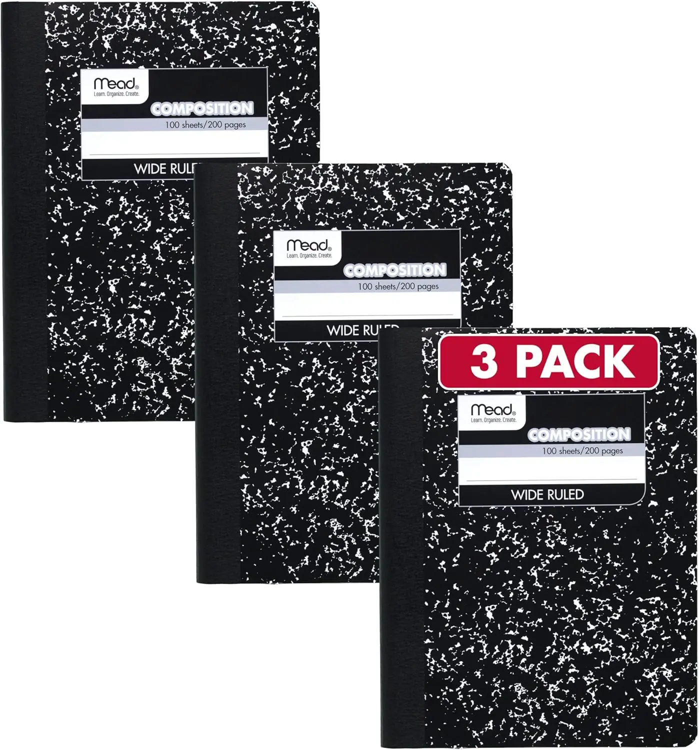 Mead Composition Notebook, Wide Ruled Paper, 7.5" x 9.75", 100 Sheets, Black Marble, 12 Pack (72936)
