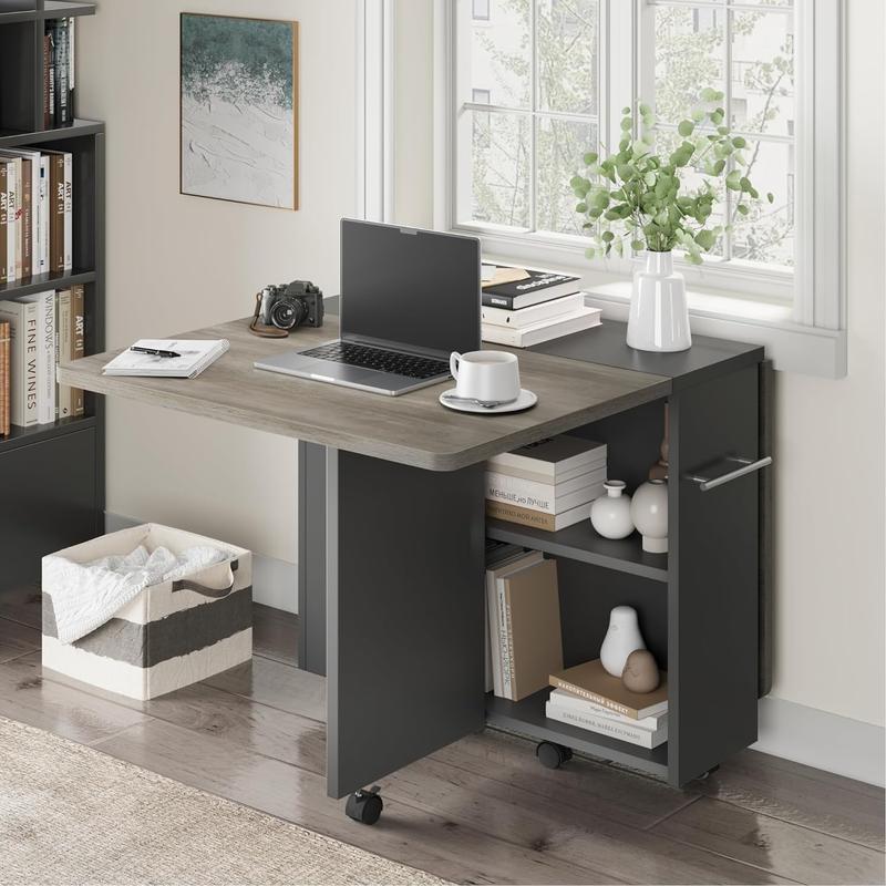 【 table only 】 FoldingTable, Drop Leaf Dining Table with 6 Wheels and 2-Layer Storage Shelf, Space Saving Table for Small Spaces (Dark Walnut, 50.1" D x 31.4" W x 29.5" H)