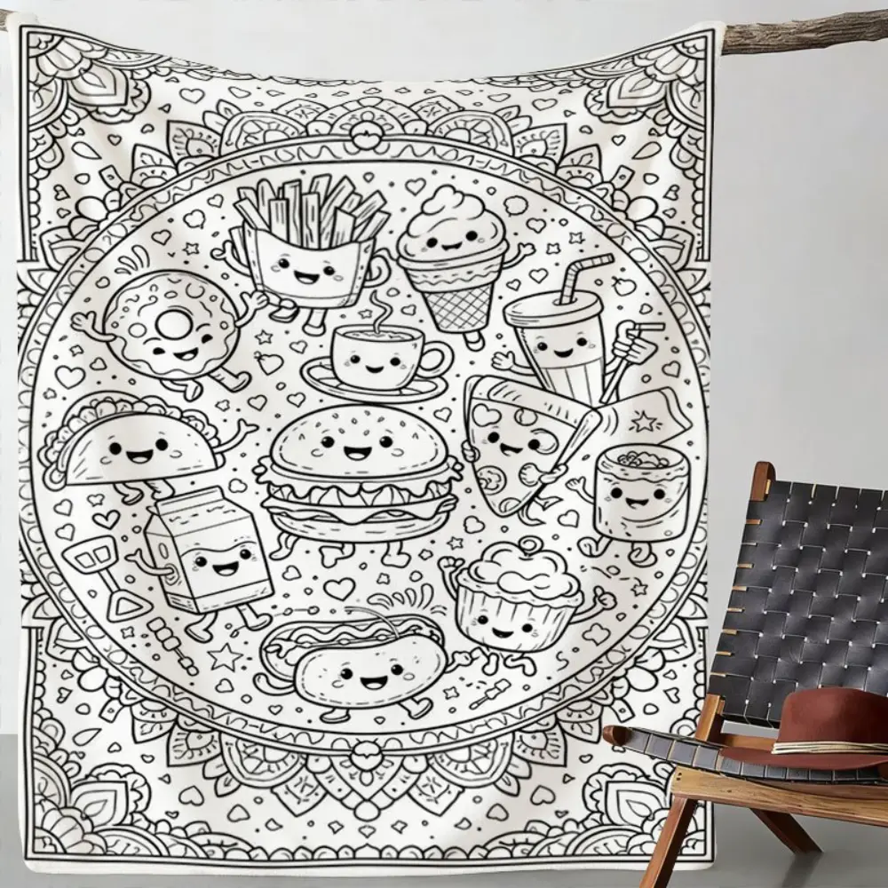 Cute Food Coloring Book Style Blanket, Soft Flannel Throw Blanket with Black White Kawaii Burger Taco Pizza Ice Cream Print, Cozy Kids Blanket for Boys Girls Teens, Fun Gift for Food Lovers, Bedroom Dorm Couch Sofa Decor, Naptime and Movie Night