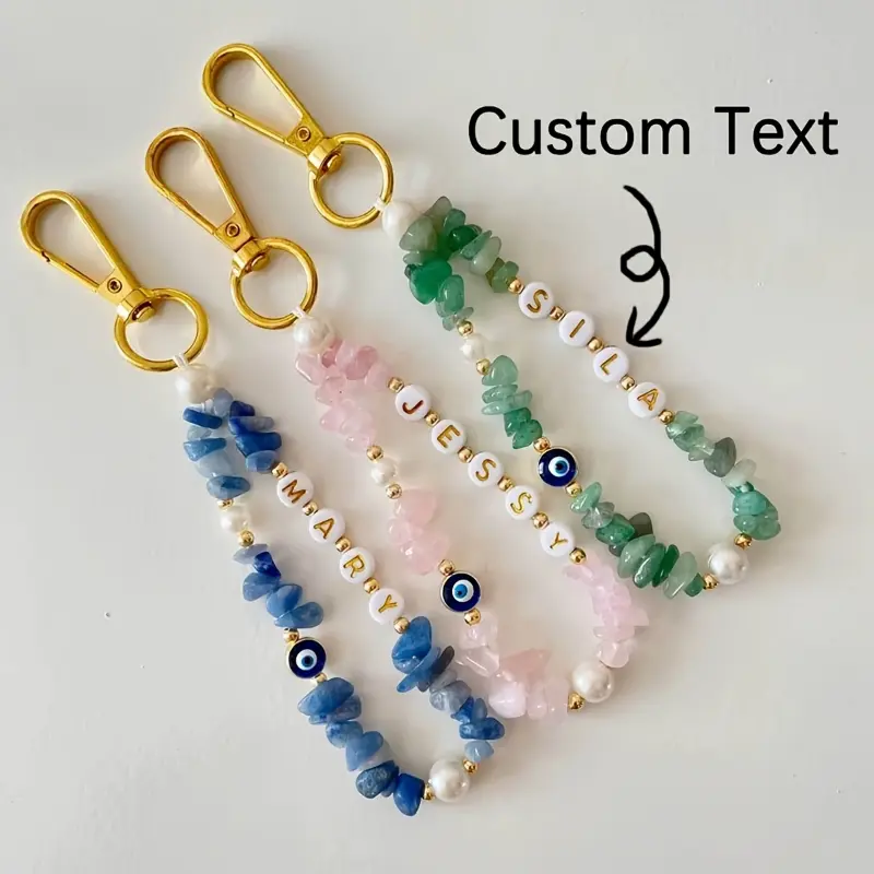 1pc Custom Gemstone Keychain with Evil Eye Charm - Personalized Name Pendant, Custom Text, Fashionable Stone Bead (Blue, Green, Pink, White), Golden-Tone Metal Ring, Christmas Hanging Decor for Keys, Backpacks, Personalized Gift, Green Aventurine