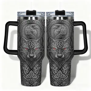 1pc Tumbler Stainless Steel Water Bottle Celtic Wolf Raven Pattern Designs, Leakproof Large Capacity (40oz/30oz/22oz/20oz/14oz), Needed for Gym, Hiking, Travel Ideal Birthday Christmas Gift, Vacuum Insulated Cup
