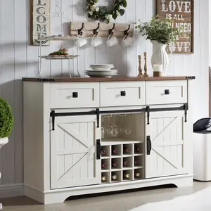 T4TREAM 54" Farmhouse Buffet Cabinet with Storage, Large Kitchen Coffee Bar w/Sliding Barn Door, Wine & Glass Rack, Rustic Wine Bar Sideboard Table w/ 3 Drawers, Storage Shelves, Antique White