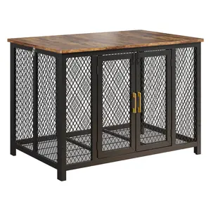 47 Inch Large Furniture Style Dog Crate, Heavy Duty Metal Dog Kennel with Top Opening, 2 Doors, Latches, Indoor Farmhouse Dog Cage Table for Large Medium Dogs, Rustic Brown