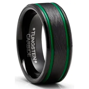 Men's Tungsten Black Brushed Wedding Band Engagement Ring Green 8MM Comfort-Fit