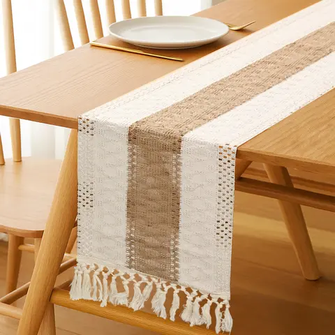 30x180cm Rectangle Natural Burlap Boho Table Runner with Tassel Trim - Modern Farmhouse Rustic Macrame Decor, Do Not Bleach, for Holiday Kitchen, Bedroom Living Room Aesthetic Home Supplies