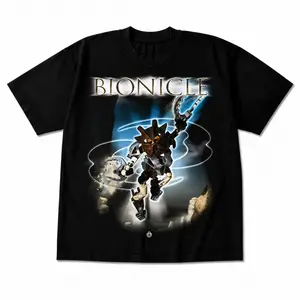 Retro Bionicle Pohatu Stone Toa Graphic T-Shirt, Distressed 2000s Nostalgia Action Figure Key Art with Blue Energy Swirl, Unisex Black Heavyweight Streetwear Tee, Y2K Outfit