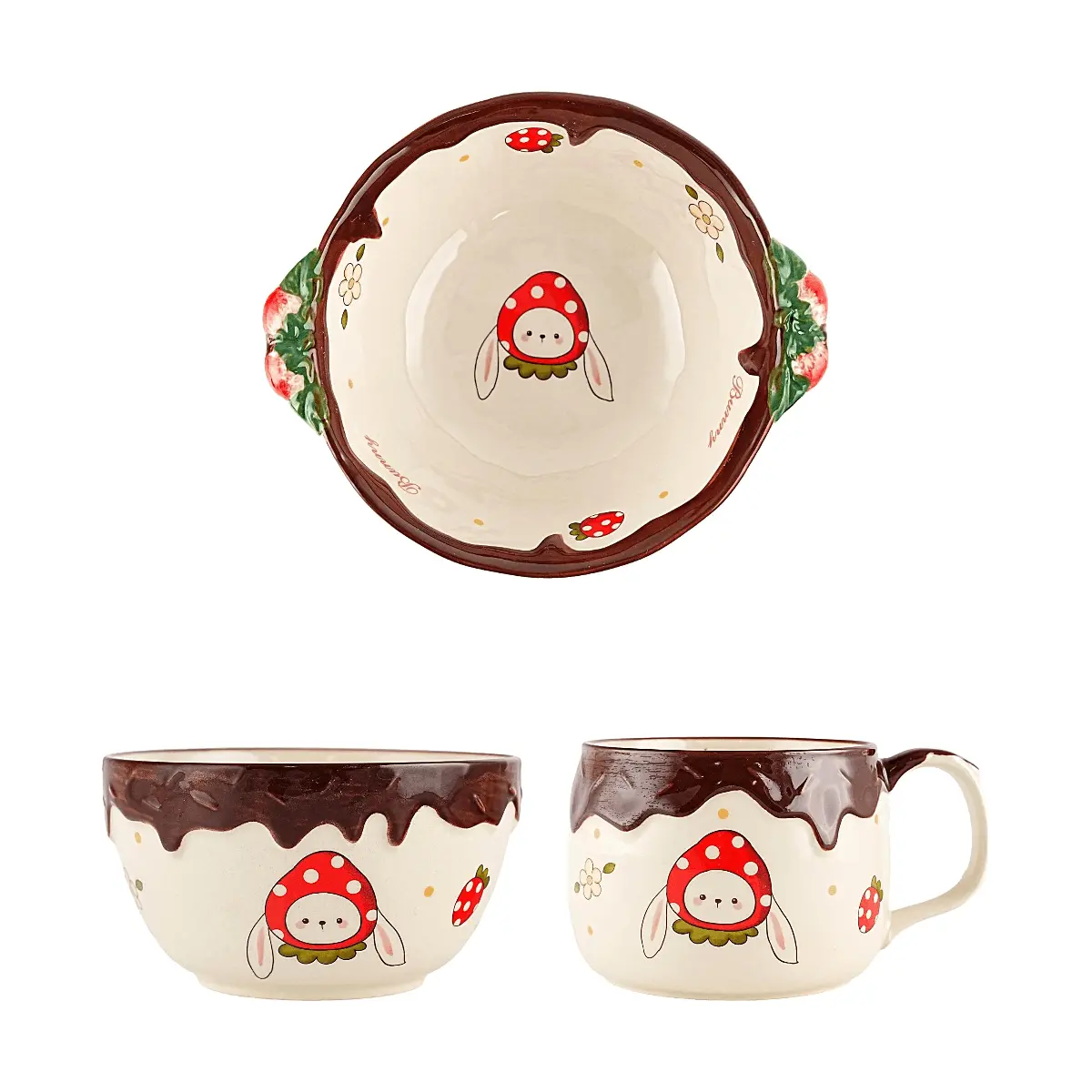 GLAZE STORY Strawberry Doll Series Ceramic Dinnerware Set - Bowl, Double Ear Bowl, Mug - Cute Kawaii Kitchenware Gift GLAZE STORY Strawberry Doll Series Ceramic Dinnerware Set - Bowl, Double Ear Bowl, Mug - Cute Kawaii Kitchenware Gift