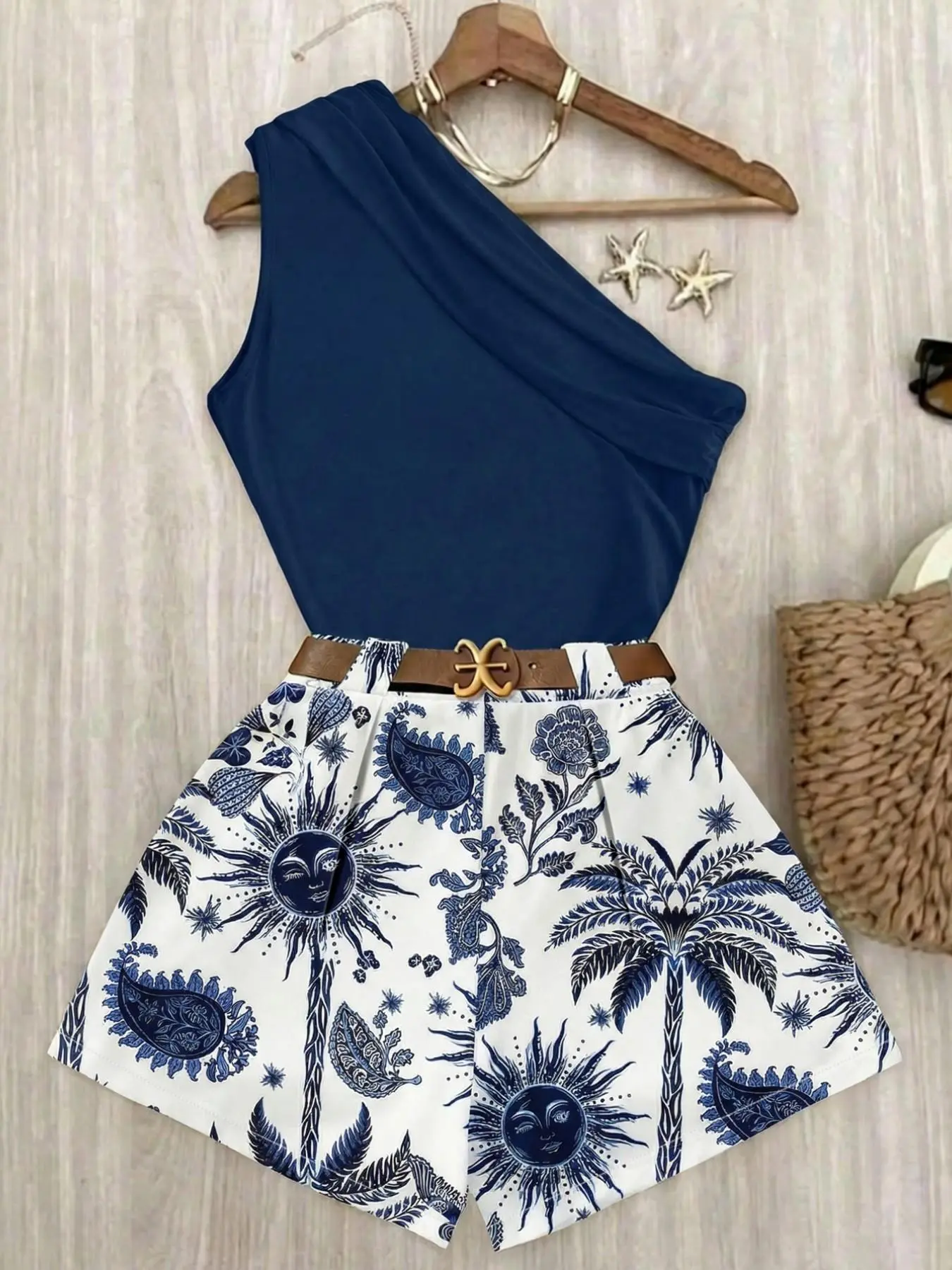 Bohemian Style Navy Blue One-Shoulder Sleeveless Vest, Loose and Slim-Fit Casual Fashion Beach Vacation Top + Bohemian Style Floral Paisley Print Shorts, Retro Ethnic Style High-Waisted Slim-Fit Hot Pants Set, Beach Vacation Outfit Women Clothes