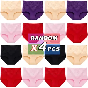 Random 4PCS women's cotton panties High waist full coverage panties Soft breathable postpartum panties Stretch panties