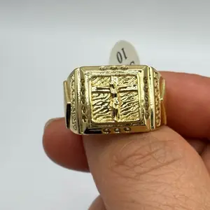 Gold Plated Men's Ring with Greek Key Design and Cubic Zirconia Accents