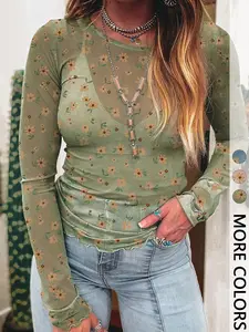 1 Piece Floral Sheer Long-Sleeve Top Euro-American Retro Aesthetic Semi-Sheer Texture + Slim Fit Ideal for Girls' Brunch / Park Strolls