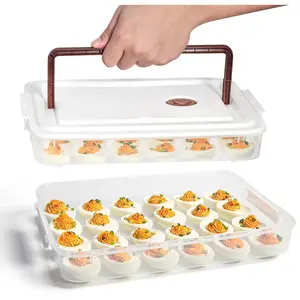 Deviled Egg Containers with Lid (Set of 2), Plastic Deviled Egg Tray Carrier with Handle for 48 Eggs, Clear Storage Egg Platter for Deviled Eggs, Easter Party Fridge Stackable Portable Egg Holder