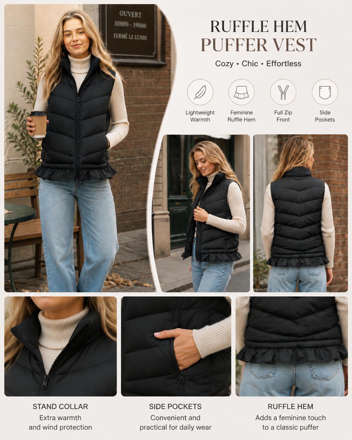 Design detail of Women's Ruffle-Trimmed Sleeveless Puffer Vest with a zip-front closure