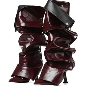 Women's Knee High Boots Stiletto Boots Pointed Toe High Heels Wide Calf Ruched Slouchy Boots Detachable Snap-off Panel Mid Calf Boots Black Boots SpringStatements